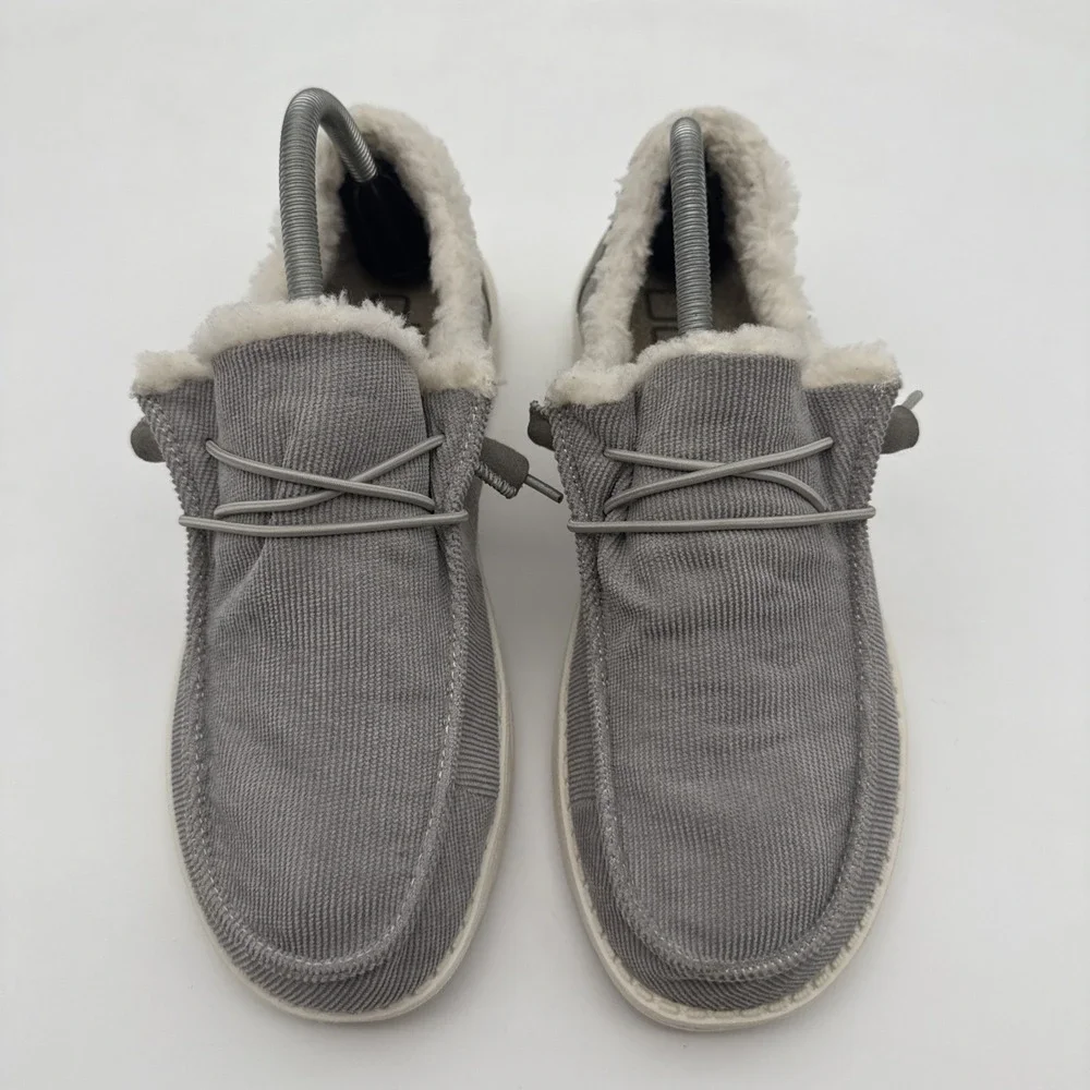 Hey Dude Wendy Corduroy Grey Womens Size 9 Comfort Shoes Faux Fur Lined Slip On